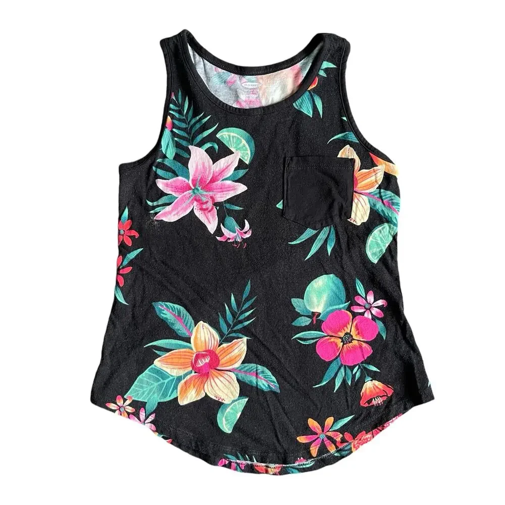 Girls L 10-12 Old Navy Bright Tropical Floral Black Sleeveless Softest Tank Top